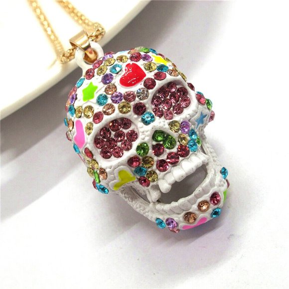 NEW Betsey Johnson Colorful Sugar Skull / Candy Skull Necklace Pendant Chain - Picture 3 of 5